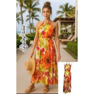 Anthropologie Lil Manambe Floral Silk Blend Maxi Dress Resort  Coastal Size 6